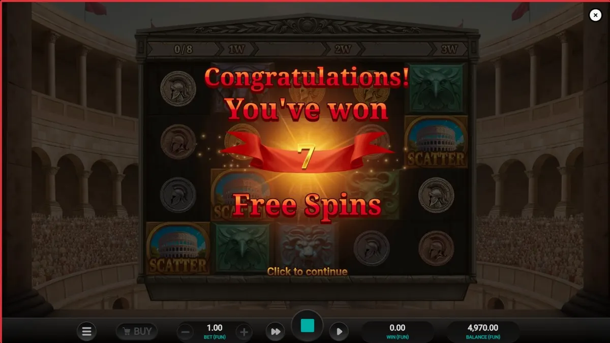 Interface do jogo de slot Arena of Fortune com gladiadores e elementos romanos